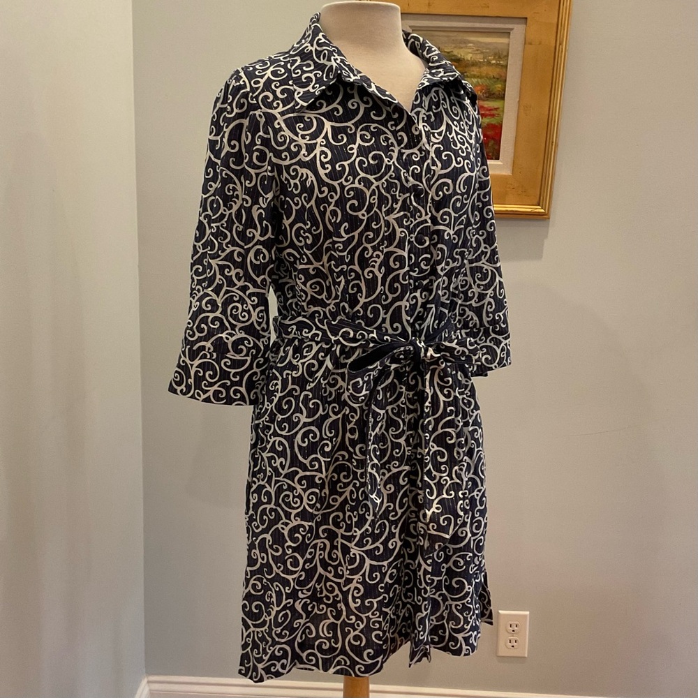 Lilly Pulitzer Shirt DressNavy White Swirl Print Gold Thread Belted - Picture 3 of 8